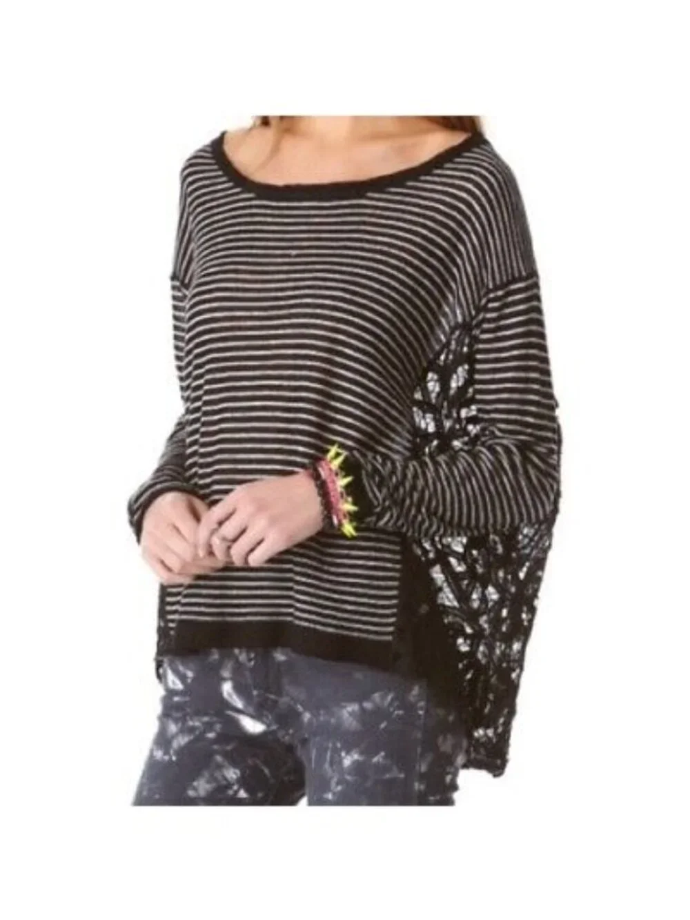 RARE NWT Free People Black Lace Inset Slouchy Linen Blend Top S| Boho Whimsigoth